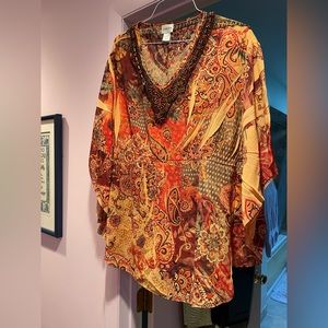 LIKE NEW!! Chico’s Size L/3 Beaded Orange Blouse/Poncho🧡